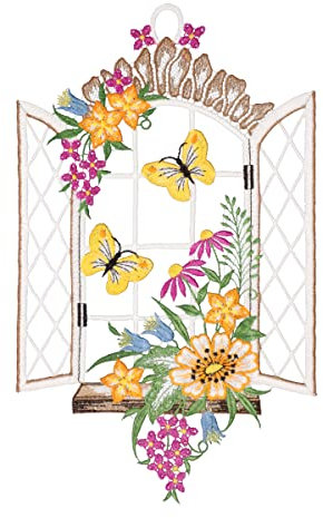Plauener Spitze Fensterbild Frühlingsfenster farbig 19 x 32 cm Fensterdeko Fensterschmuck Bilder Handarbeit Deko Fenster