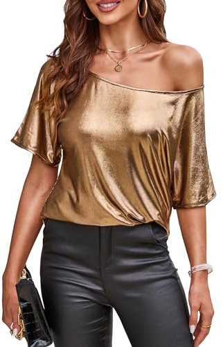 VIDUSSA Women's Shiny Off Shoulder Shirt Metallic Loose Short Sleeve Round Neck Club Blouse Tops Gold M