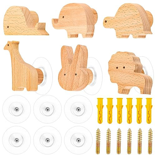 RUNEAY Ganchos para ropa para niños, 6 unidades, ganchos de pared, ganchos de madera, autoadhesivos, ganchos para niños, sin taladrar, ganchos con ventosa, para abrigo, gorro, bolso