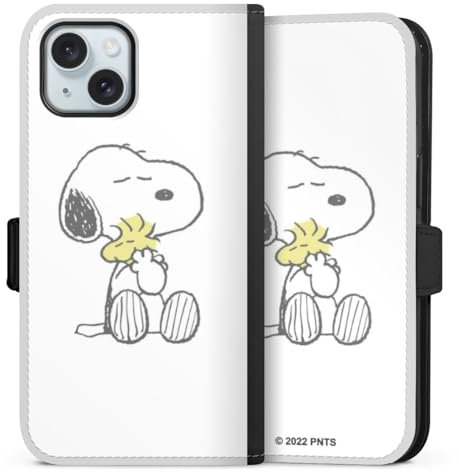 Klapphülle kompatibel mit Apple iPhone 15 Handyhülle aus Kunst Leder schwarz Flip Case Peanuts Snoopy Liebe