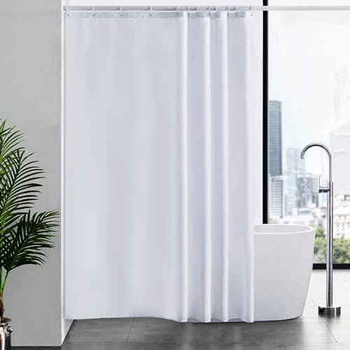 Furlinic Duschvorhang für Badewanne und Dusche in Badezimmer, Textiler Badvorhang Anti-schimmel aus Stoff Waschbar Wasserdicht, Weiß mit 12 Ringe 180x220cm.