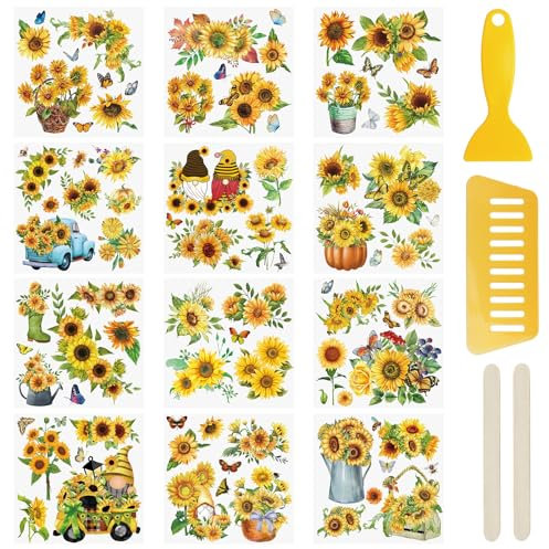 WANDIC 12 Blatt Rub-On-Transfer-Aufkleber, Sonnenblume, Wasserfeste Transfer-Aufkleber, Tagebuch-Album-Aufkleber, Möbel, Bastel-Transfer-Aufkleber Für DIY-Scrapbooking