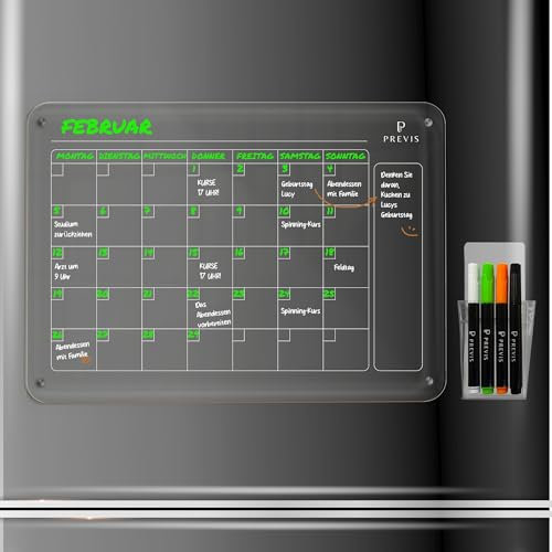 PREVIS Acryl Kalender für Kühlschrank A3 (40X30CM) mit 4 Boardmarkern - Monatsplaner Abwischbar Kühlschrank Kalender - Acrylic Magnetic Calendar for Fridge Transparent - Familienplaner Abwischbar