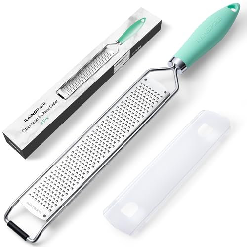Rainspire Zester Grater with Handle, Lemon Zester Cheese Grater for Kitchen Stainless Steel, Parmesan Cheese Garlic Nutmeg Chocolate Fruits Vegetables Ginger Grater, Fine, Black (Mint Green)