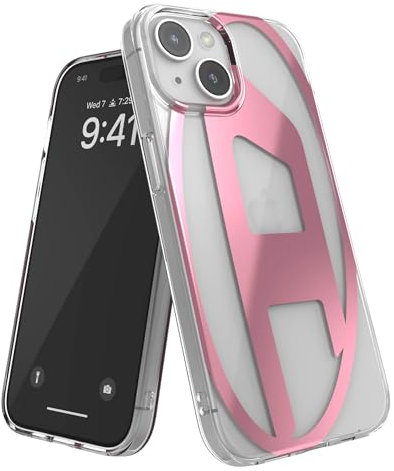 Diesel Entworfen für iPhone 14 / iPhone 13 Hülle, Klare Schutzhülle, Stoßfest Fallschutz, Kabelloses Laden kompatibel, Oval-D Logo, Rosa Metallic