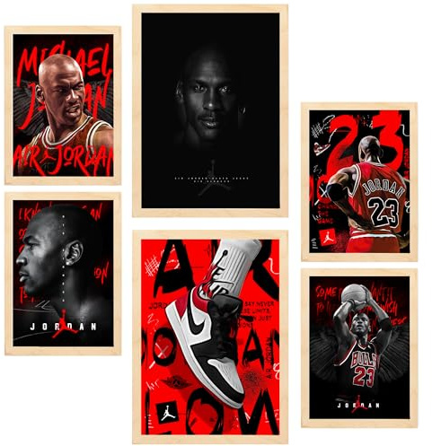 Nacnic 6er-Set Ikonisches Jordan Grafiiti Rot und Schwarz Gerahmtes Poster mit Design-Illustrationen zur Dekoration der Wände Ihres Zuhause Zimmer Büro Laden Malerei im A3 & A4 Leichter Holzrahmen
