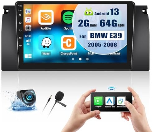 2G+64G CAMECHO Android Autoradio Navi für BMW 5 E39 E53 M5 X5 1996-2007 mit Carplay Android Auto, 9 Zoll 2Din Touch Bildschirm Radio mit Bluetooth GPS Navigation WiFi FM/RDS SWC Rückfahrkamera&MIC