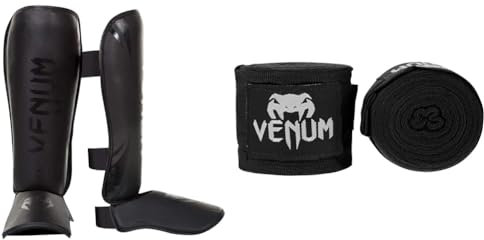 Venum Unisex Schienbeinschutz Challenger Schienbeinshoner, Schwarz/Matt, M & Kontakt Boxbandagen - Schwarz - 4 M