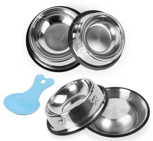4 Pcs Stainless Steel Bowls + 1 Pcs Food Scoop, Metal Pet Bowls With Non Slip Rubber Base, Food And Water Feeder For Small Medium Dogs And Cats, 16cm