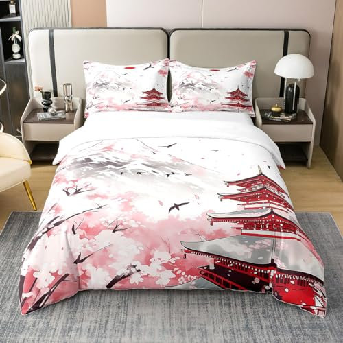 Coton Sakura Japonais Confortable Couvre Lit 220x240,Rouge et Noir Ensemble de Lit Japonais pour Fille,Garçon Enfants,Romantique Rose Fleur Housse de Couette Fuji Mountain Couvre Lit Respirant
