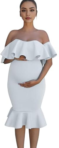 Runstarshow Robe de maternité à épaules dénudées - Robe de grossesse moulante à volants - Robe de fête prénatale pour femme enceinte - Accessoires de photographie - Couleur unie - Taille S-XL, blanc