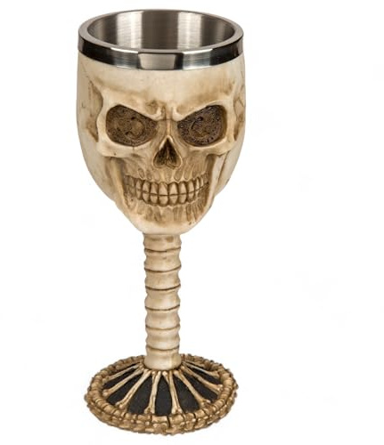 MIJOMA Bicchiere da vino 3D con teschio, in pietra artificiale e acciaio inox, medievale vichingo, capacità 300 ml