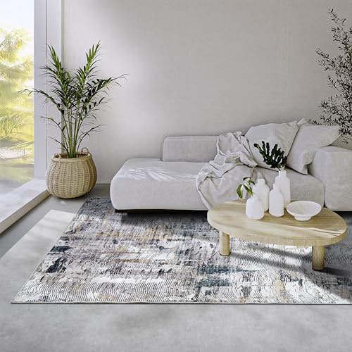 Elle Decoration Malard Teppich – Moderner Abstrakter Rutschfester Design Kurzflor Teppich für Schlafzimmer, Esszimmer, Wohnzimmer, Flur, Küche – Saphier Gold, 80x150cm