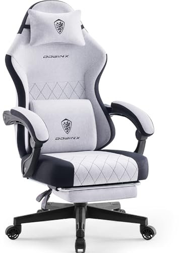 Dowinx Gaming Stuhl Stoff mit Frühling Kissen, Massage Lendenwirbelstütze Bürostuhl mit Fußstütze für Erwachsene, Ergonomischer Gaming Sessel Groß und Hoch für Office Gaming 135KG, Grau