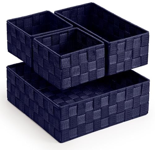 EHC Set of 4 Woven Shelf Storage Basket, Polypropylene Basket Hamper, Home Storage Organiser, Blue