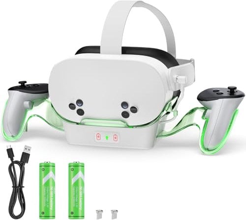 Aceshop Charging Stand for Meta Quest 3S/2 Magnetic VR Charging Dock with Controller Holder and Indicator Light, 2 Rechargeable Batteries