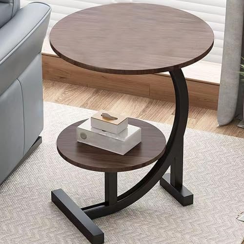 acfeco Beistelltisch C-Form, Couchtisch Rund Modern, Kleiner Beistelltisch Nussbaum Holz Metallgestell 2 Ablagen für Kaffee und Laptop Wohnzimmer Schlafzimmer Arbeitszimmer Sofatisch