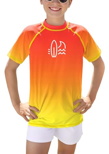 BesserBay Kinder Kurzarm Badeshirt mit UV-Shutz Orange Gelb Bademode UV Shirt Schwimmshirt Rashguard 140