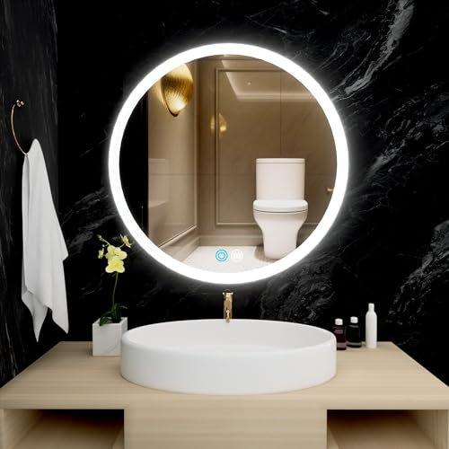 SDXYSTCE Badspiegel mit Beleuchtung, Spiegel rund 60cm mit Beleuchtung,Wandspiege LED mit Touchschalter,Dimmbar 3 Lichtfarben,IP55 Wasserdicht,Anti-Beschlag,Temperiertes Glas