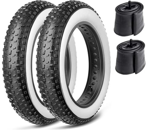 2 Reifen 20 x 4.0 x Fat Bike + 2 Schläuche E-Bike Gummi 20 Zoll (50,8 cm) Paar Reifen mit Dübeln für Mountainbike, Elektrofahrrad, Weiß/Schwarz, starr 20 x 4.0 (100-406) weißes Band
