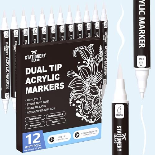 STATIONERY ISLAND Acrylic Paint Pens 12 pcs White Paint Markers Dual tip Acrylic Markers for Rock Painting Stone Glass Ceramic Wood Metal Fabric Fine & Brush Tip White Water Based Acrylic Pens