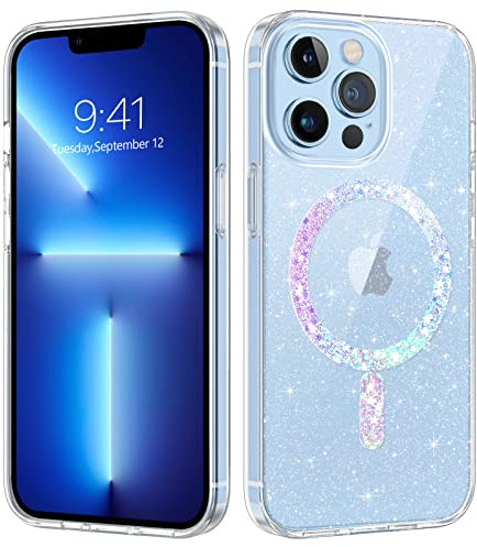 BENTOBEN Cover Magnetica per iPhone 13 Pro Custodia, Compatibile con MagSafe, Custodia Protettiva Cellulare Antiurto, Sottile e Leggero, Retro Resistente ai Graffi, Glitter Trasparente