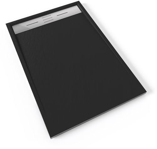 HIEMAL INOX Receveur de douche 80 x 120 cm résine Noir aspect ardoise + bonde inox incluse - Salle de bain