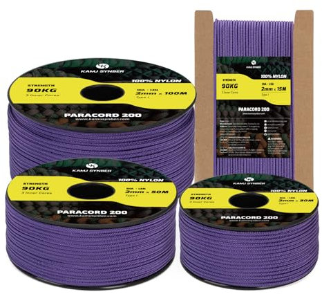 Kamu Synber Paracord 2mm 3 Strands 50M 100% Nylon Rope Type I Parachute Cord for Craft, Outdoor, DIY, Camping | Support 90kg | Purple