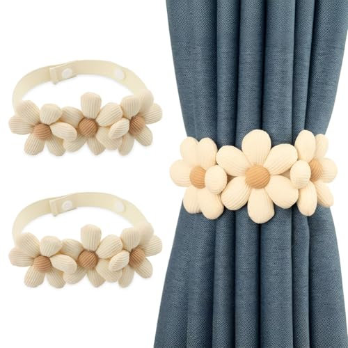 UICCVOKK 2 Vorhang Raffhalter, Raffhalter für Vorhänge, Süße Boho Gardinen Vorhanghalter Elastisch, Vorhang Halter mit Verstellbaren Riemen, Vorhang-Raffhalter für Haus Büro Kinderzimmer(Beige)