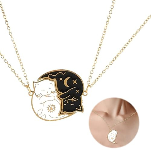 Mrltau 2-Piece Stainless Steel BFF Necklaces for 2, Black & White Cat Friendship Necklaces for Female Best Friends