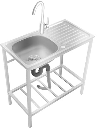 Commercial Kitchen Sink, Stainless Steel Free Standing Sink with Storage Shelf and Tap, Portable Outdoor Single Bowl Station Utility for Restaurants Laundry Garage Hotel