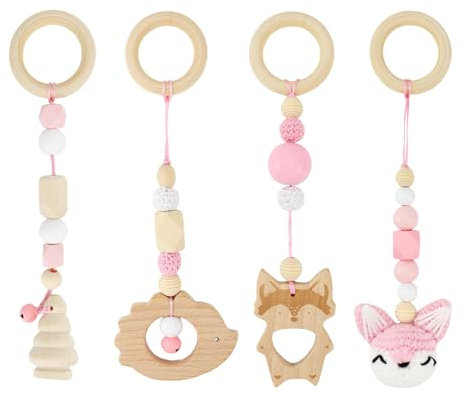 Spielbogen Baby Spielzeug ab 0 Monate 4 Stück Spielebogen Babies Toys Spielbögen Baby Gym Anhänger Holz für Mädchen Jungen Babyspielzeug für Babyschale Kinderwagen Autositz Spielzeug (Rosa)