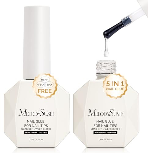 MelodySusie 3Free 5 in 1 Nail Glue Gel for False Nail Tips, NO Hema HPMA TPO, Super Sticky and Strong Adhesion, Rhinestone, Blooming Gel, Base Coat, UV Lamp Curing Needed,2 Pcs 15ml