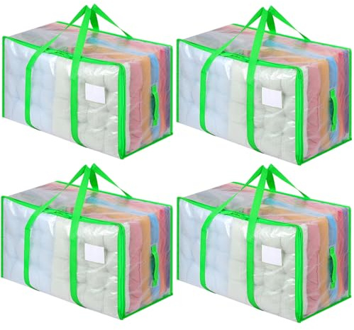 Dntorx 4 Pack 105L Moving Bags Clothes Storage Bags Drom Packing Box, Green | PP Woven Material, Clear Design, Strong Handles, 150lb Load, Label Window, For Clothes, Bedding, Toys, Moving and Storage