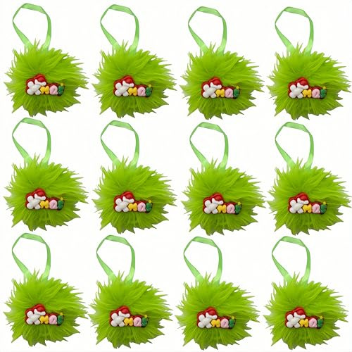 Christmas Lime Green Furry Ornaments Plush Heart Xmas Tree Hanging Decorations, 12pcs Soft Plush Balls Hanging Ornaments Green Decor for Xmas Indoor Outdoor Home Party