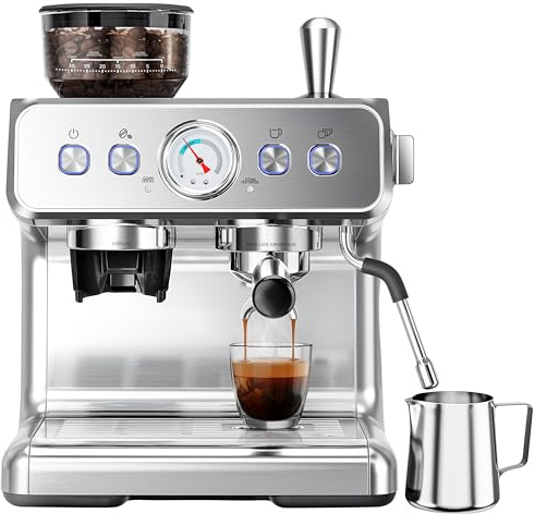 Kndko - 20 bar espresso machine with grinder, automatic coffee maker with PID control and milk frother steam wand, removable water tank - barista style lattes and cappuccinos in