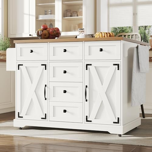 SACOOL Isla de cocina de alta calidad, carrito multifuncional con vetas de madera y gran espacio de almacenamiento, armario de buffet móvil, carrito de cocina para comedor, salón, cocina, color blanco