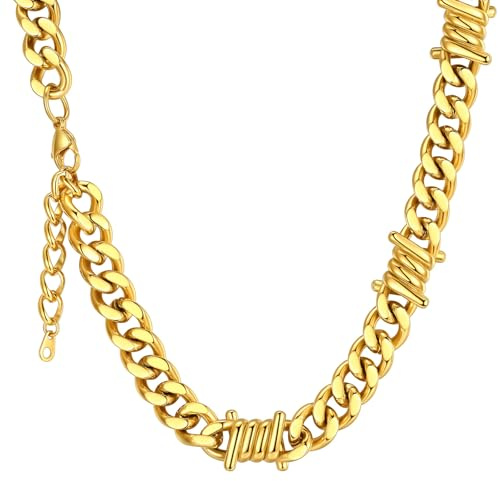 ChainsHouse Goldene Kette Herren Edelstahl Halskette 12mm Goldkette Männer Dornenkette 51cm Gliederkette Dornen Kubanische Kette für Männer Stacheldrahtkette Gold Hip Hop Modeschmuck für Weihnacht