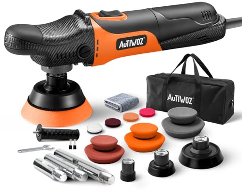 AUTIWOZ Mini Poliermaschine Auto, 600W Polierer mit 6 Variable Geschwindigkeiten 2800-6800 RPM, Abnehmbarer Seitengriff,25mm,50mm,75mm Gewinde Verlängerungswelle