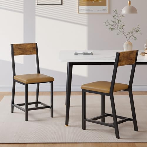 YOUDENOVA Esszimmerstühle 2er Set, Gepolsterte Essstühle aus wasserabweisendem PU-Kunstleder mit ergonomischer Rückenlehne, Metallgestell in Holzoptik, bis 150 kg belastbar, Vintage Braun