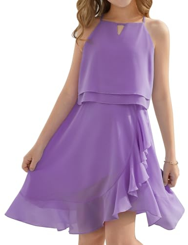 heekpek Abito da Ragazza Senza Maniche Estate Chiffon Vestito Bambina Volant Elegante Abiti da Festa per Ragazza 6-15 Anni, Viola, M