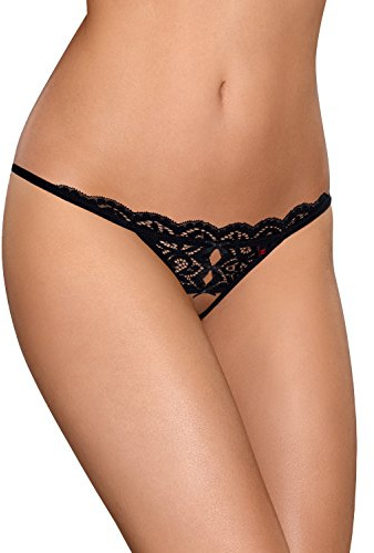 Obsessive. Damen Dessous Dessous String Tanga und ouvert eng schwarz aus Spitze transparent mit Muster Satinschleife Größe: S/M