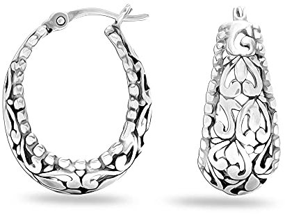 LeCalla Sterling Silber Ohrringe | Leichtgewicht Italienische 925 Silber Creolen Kleine Ovale Antike Oxidierte Filigrane Design für Frauen 25mm