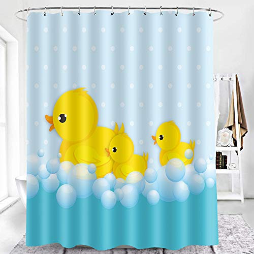 EARVO LYEA566-60 Duschvorhang, Motiv: Ente mit ihren Kleinen, mit Seifenblasen für Kinder, Baby, Badezimmer, Dekoration, 152,4 x 182,9 cm, wasserabweisendes Tuch mit 12 Haken, Gelb