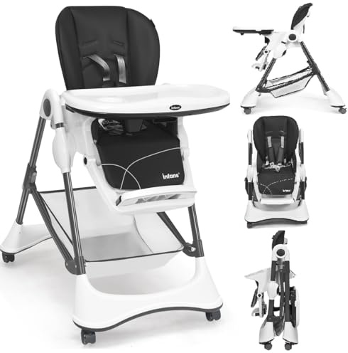 INFANS High Chair with One-Hand Removable Tray, 4 Lockable Wheels & Large Storage Basket - Multi-Adjustable Height, Recline & Footrest, Removable Cushion, Foldable for Baby, Infant& Toddler, Grey
