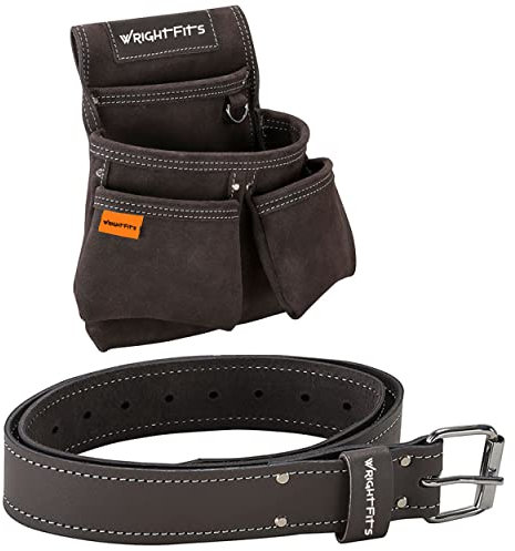 WrightFits Leather Double Nail Pocket For work - Tool Organiser Pouch With Supporting Belt (2 in 1) | for Builders, Carpenters, Gardeners, Electricians