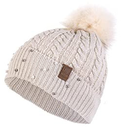 Von Dutch Beanie, Bommel, Beige mit Fell und Perlen – Damen Gr. Einheitsgröße, beige
