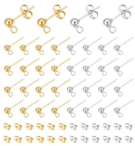 UNICRAFTALE 40 pcs 2 couleurs Boule Boucles D'Oreilles en Acier Inoxydable Boucle D'Oreille Post Clou D'Oreille avec Boucle et Écrous D'Oreille Or et Acier Inoxydable Couleur Boucles D'Oreilles