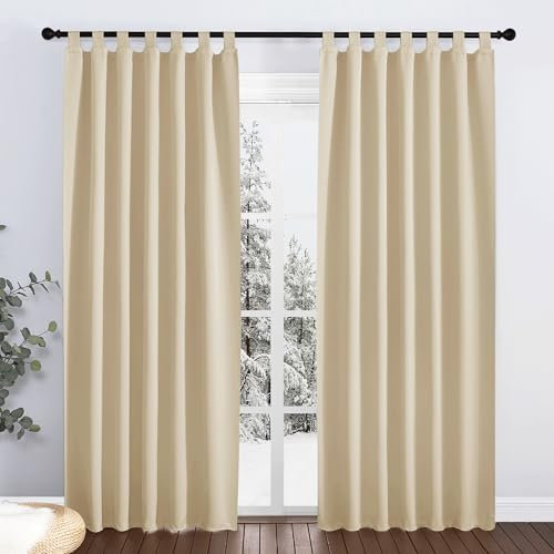 PONY DANCE Schlaufengardinen 2er Set - Thermovorhang gegen Kälte und Hitze Schlaufenschal Verdunklungsvorhänge Wohnzimmer Gardinen Blickdicht, H 220 x B 140 cm, Biscotti Beige