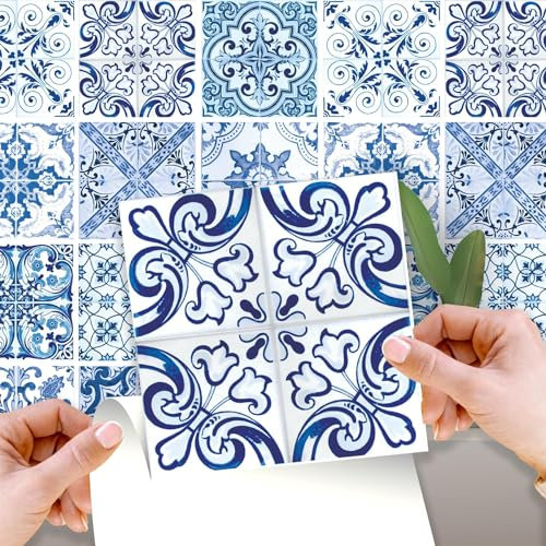 WALPLUS 72 Stück 15x15cm Blau Türkisch Mediterran Wandfliesen Aufkleber Schälen und Kleben Backsplash Abziehbilder Startseite Dekore Aufkantung für Küche Badezimmer Kacheln Farbe auf Wand Wohnen